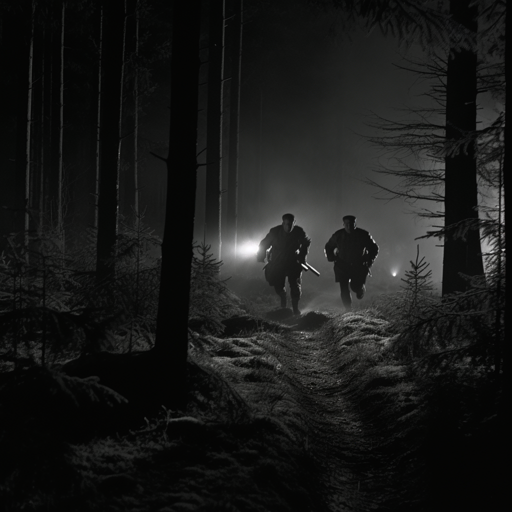 Two men in black run through dark forest.