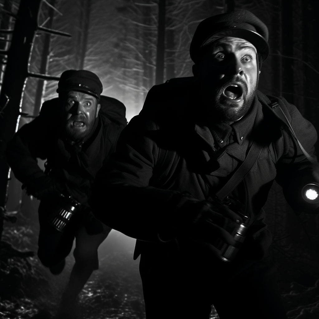 Two men in black run through dense forest at night.