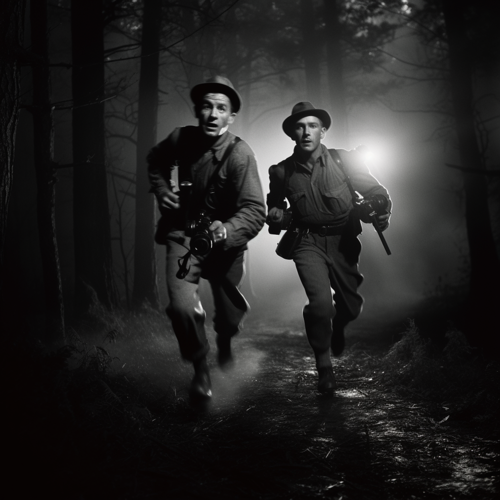 Two men in headlamps and mackintoshes run through forest.