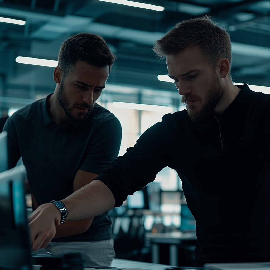 Two men in trendy office, one shows arm.