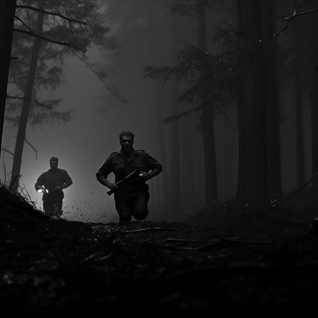 Two men in underwear and rainboots with rifles.