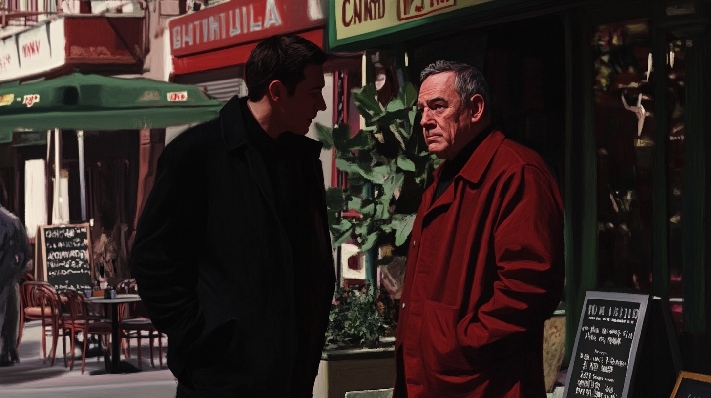 Two men meet in New York City restaurant.