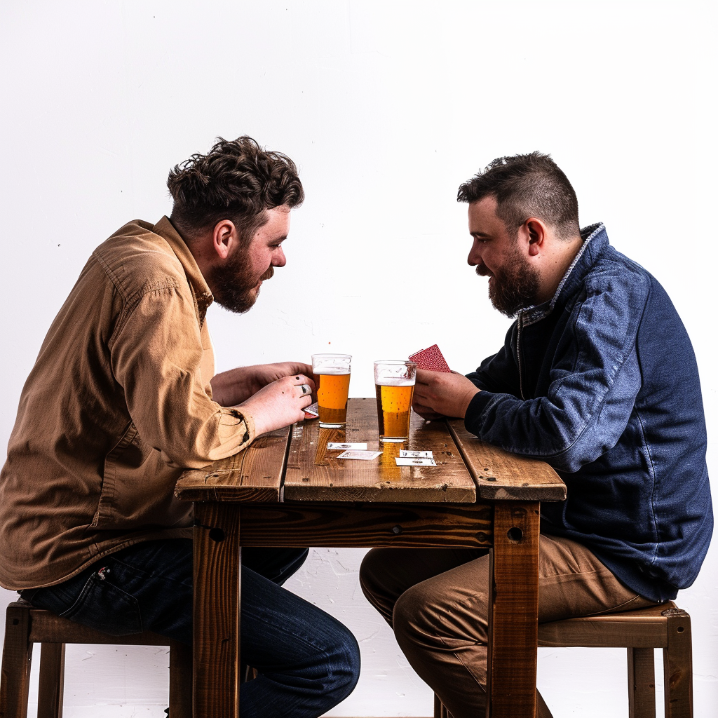 Two men playing card game at table with beer.