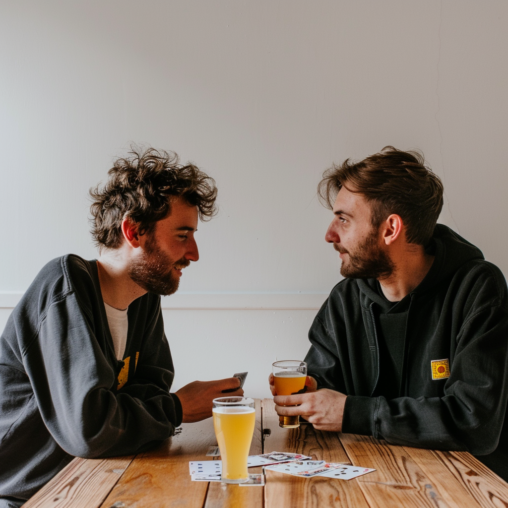 Two men playing card game with beer and table.