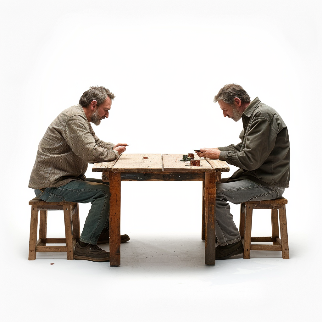 Two men playing cards at wooden table.