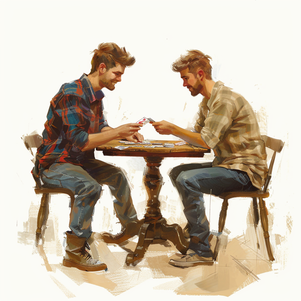 Two men playing cards on wooden table.