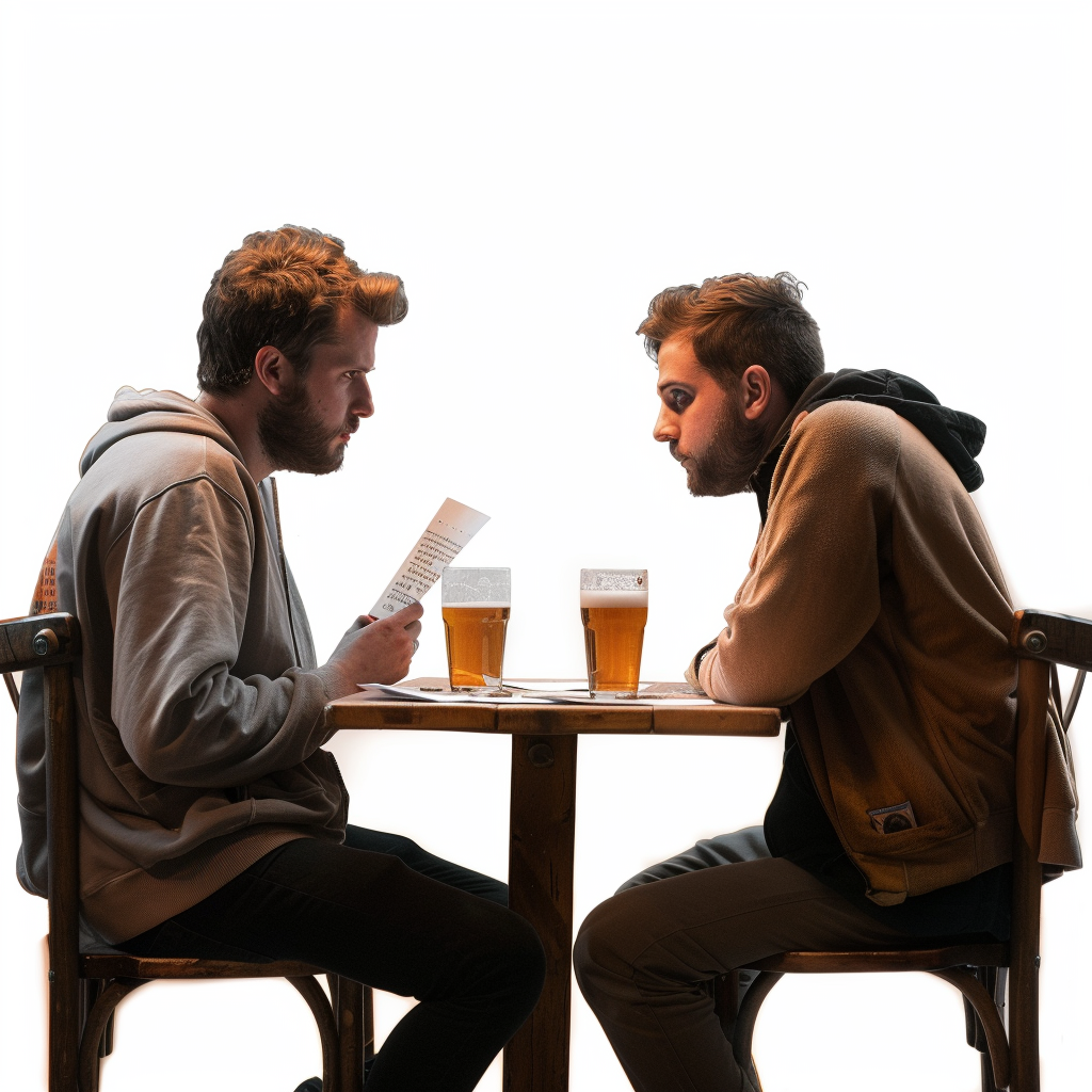 Two men reading letters and drinking beer.