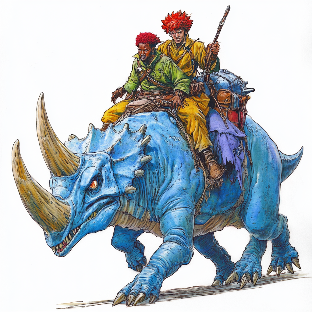 Two men ride a blue Triceratops dinosaur together.