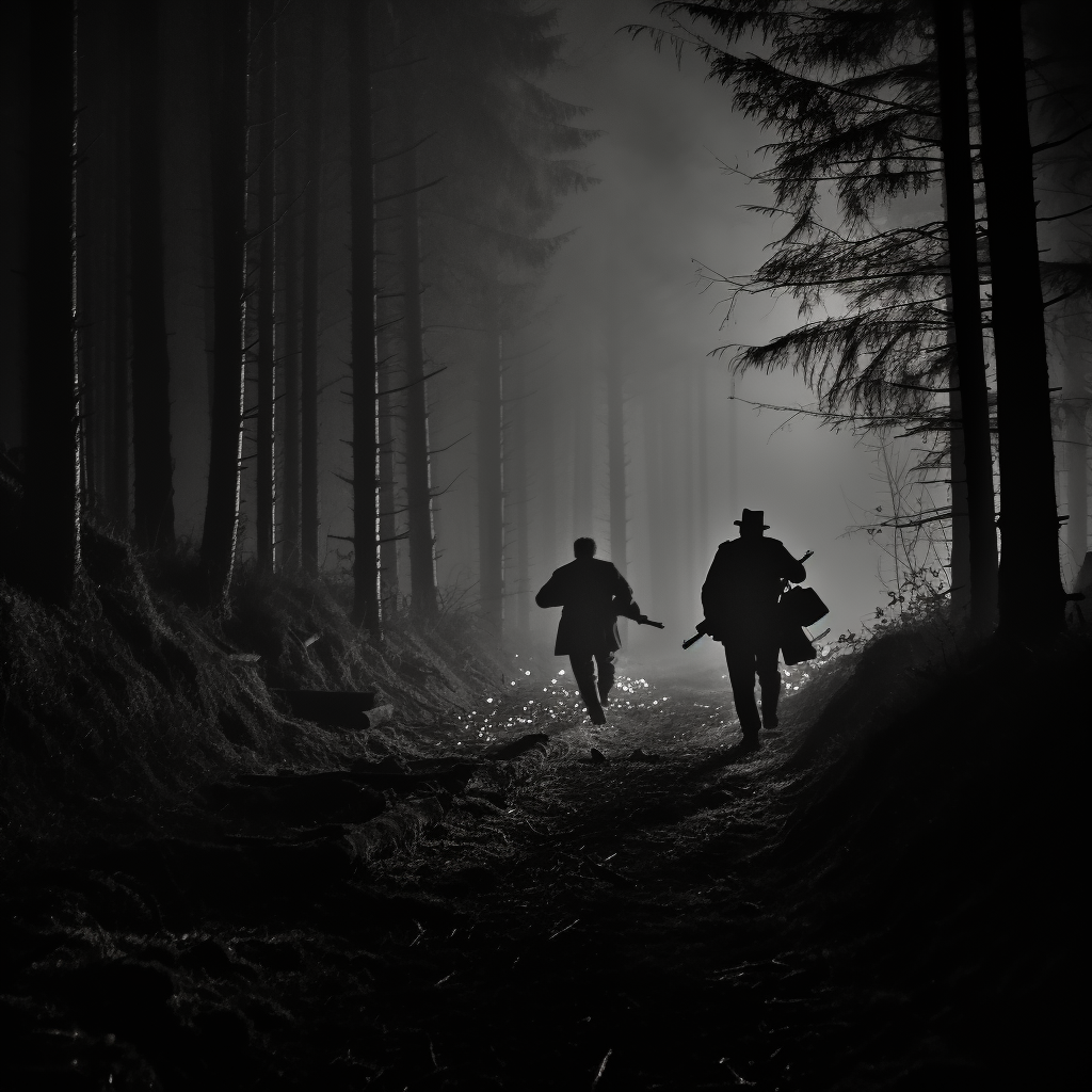 Two men running in forest, black and white.