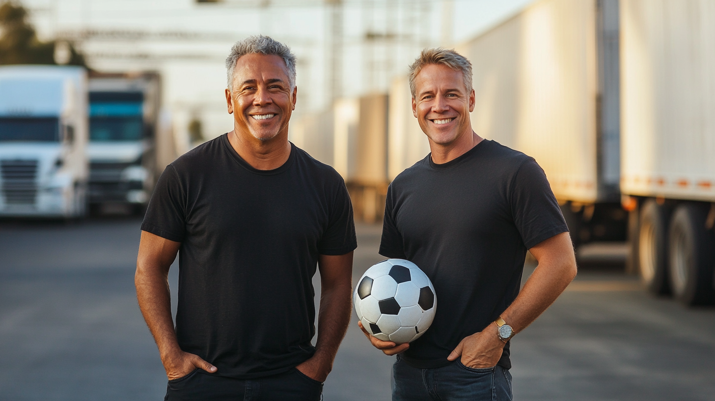 Two men smiling, holding soccer ball, standing together.