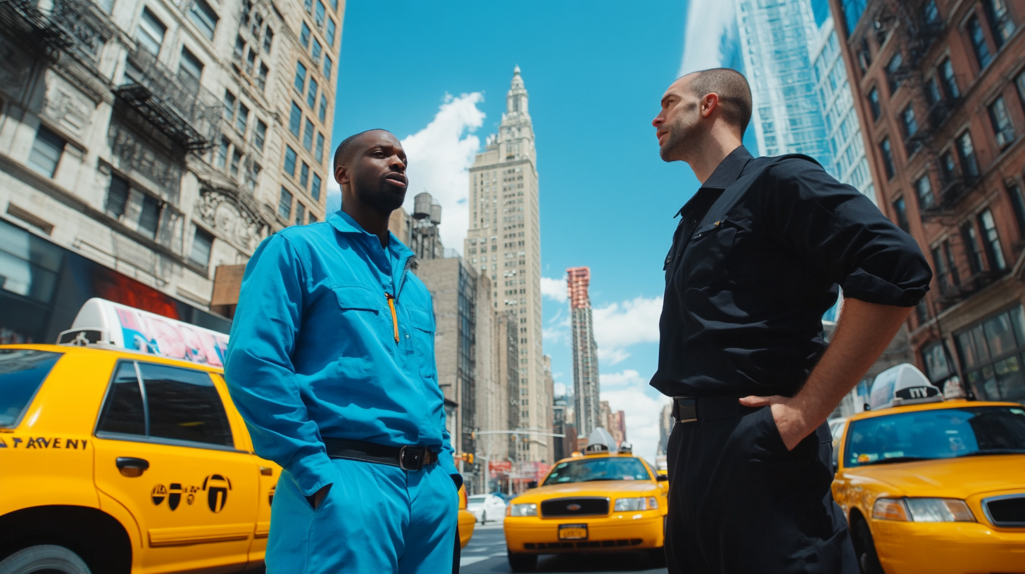 Two men talking in New York City.