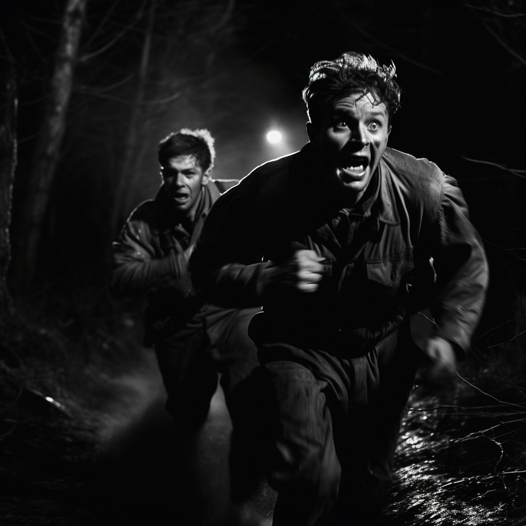 Two men wearing headlamps and black mackintoshes, running.