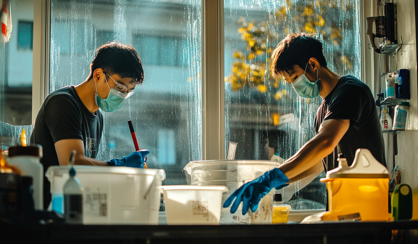 Two men working hard, cleaning windows with care.