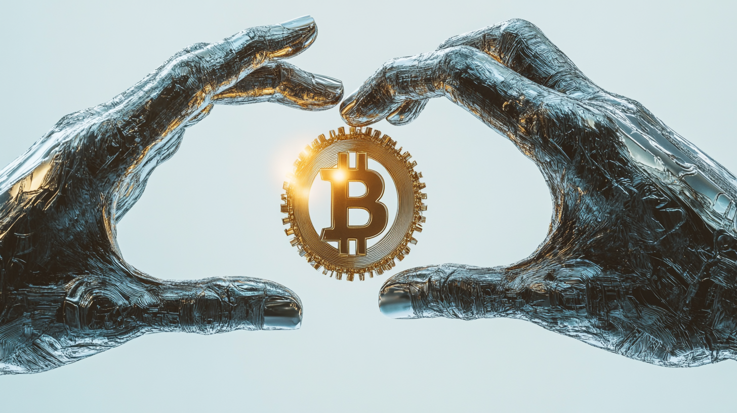 Two metal hands with golden BTC logo between them.