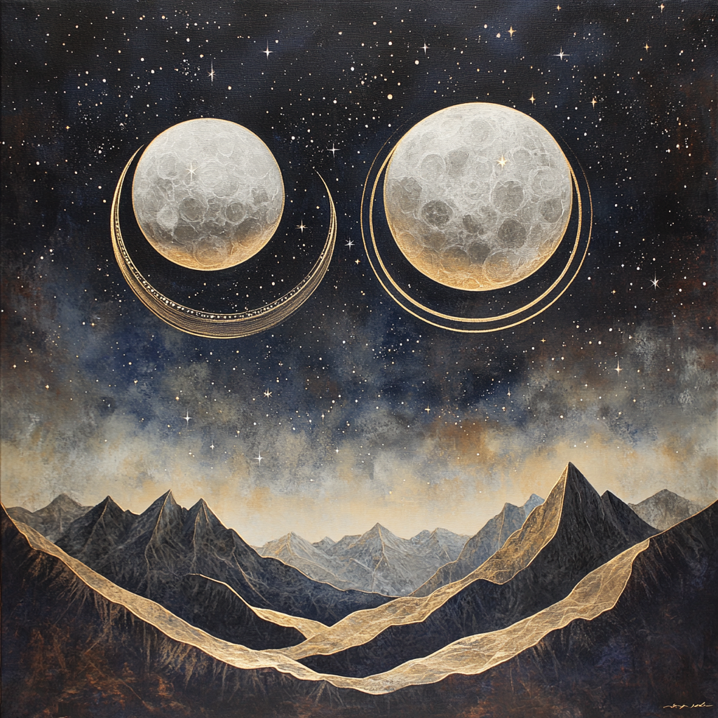 Two moons, silver and gold, in night sky.