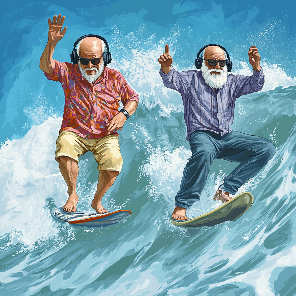 Two old radio DJs surfing together in Malibu.