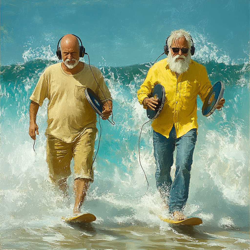 Two older radio DJs surfing on a wave.