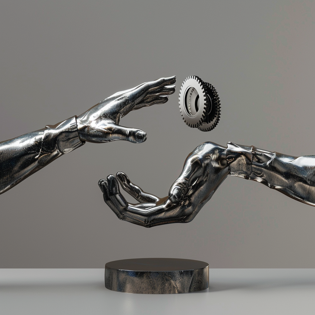 Two open hands holding floating gear, metallic silver.