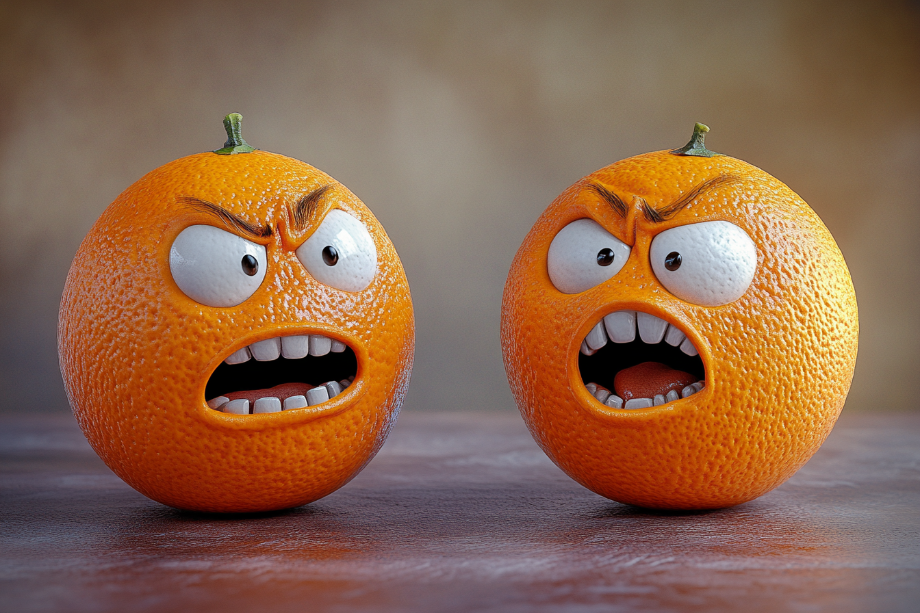 Two oranges talking, don't notice squeezer approaching. Funny.