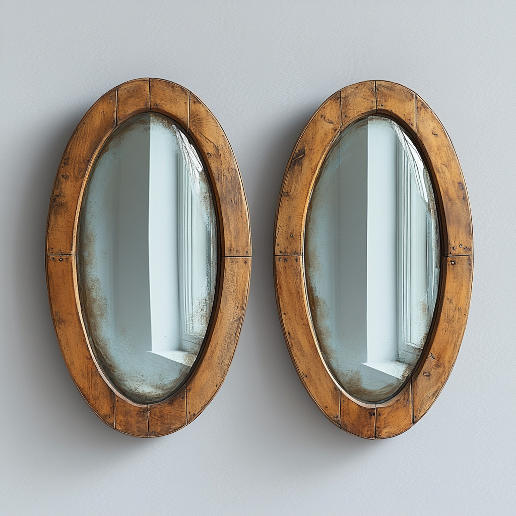 Two oval crystal mirrors with wood frames - pickled.