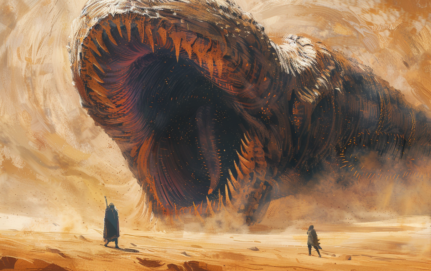 Two people facing giant sandworm with sharp teeth, fantasy.