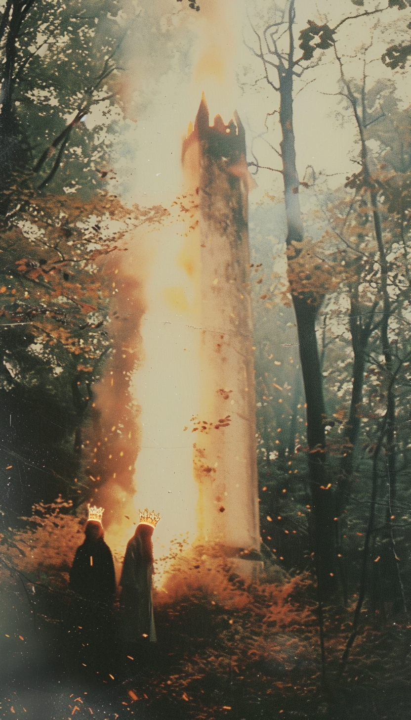 Two people falling from burning white tower in forest.