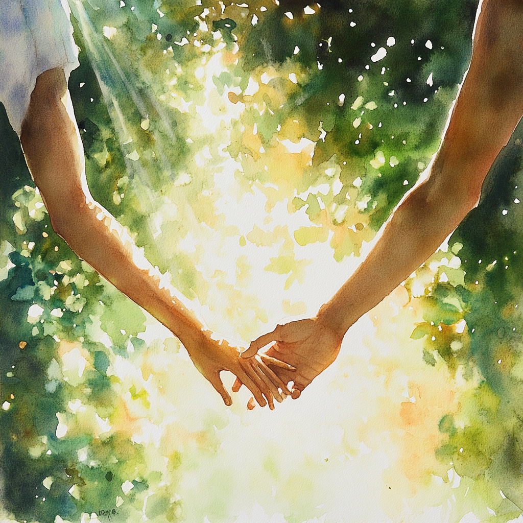 Two people hold hands, sunlight shines between them.