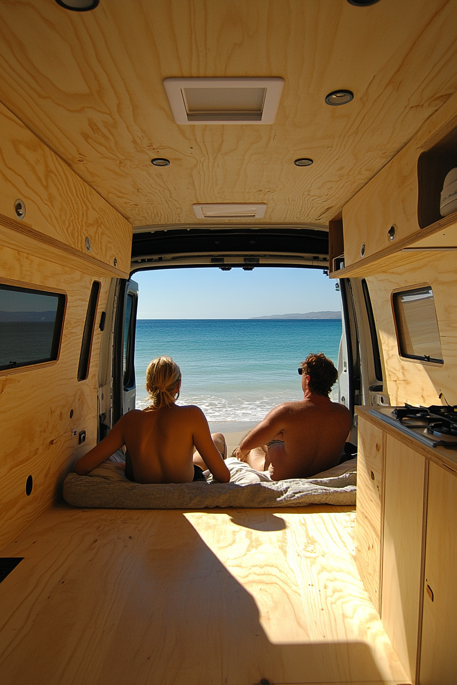 Two people in campervan bed, looking at beach