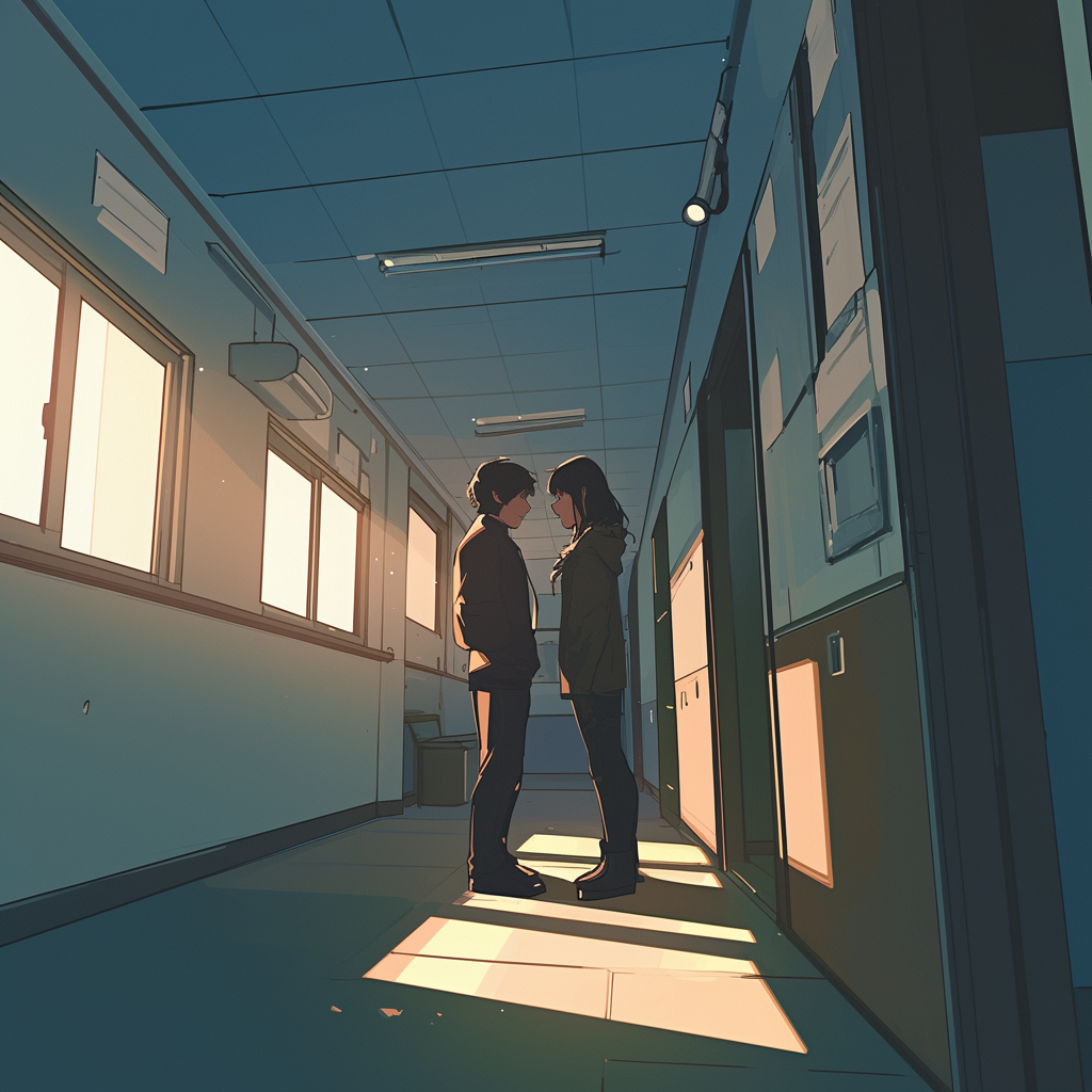 Two people in hallway, romantic Japanese manga style