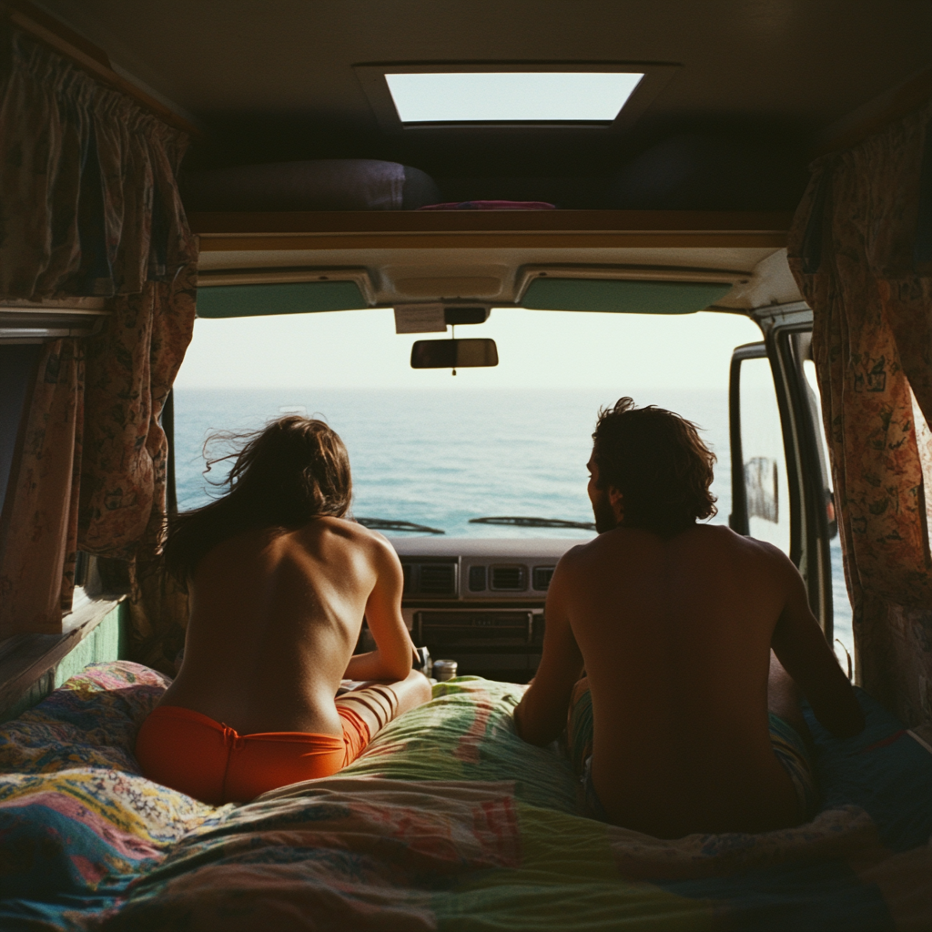 Two people laying in bed inside camper van