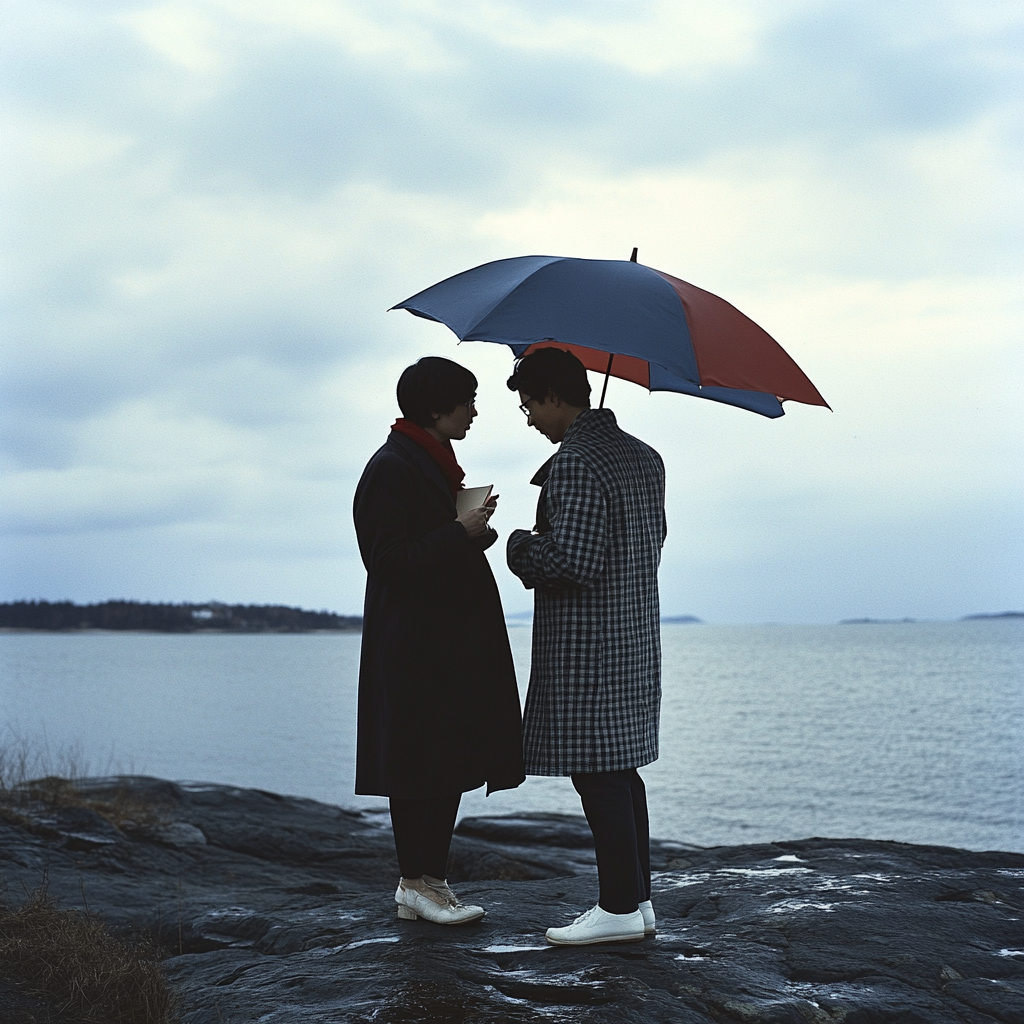 Two people standing on beach under rainy sky.