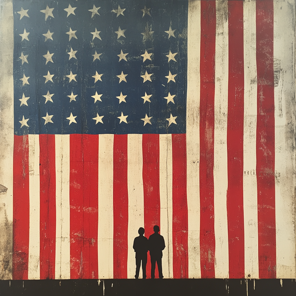 Two people standing under large American flag curtain