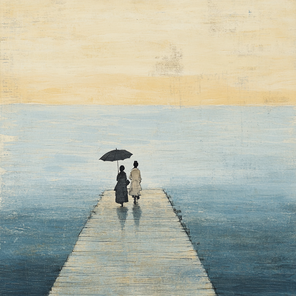 Two people with umbrella strolling on pier.