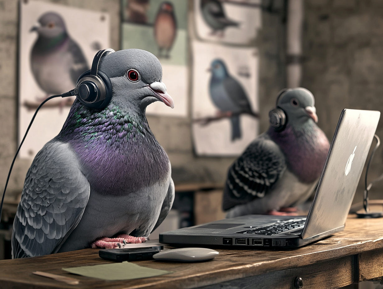 Two pigeons have office conversation by phone.