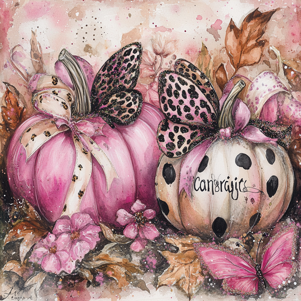 Two pink sparkly pumpkins with ribbons and butterflies.