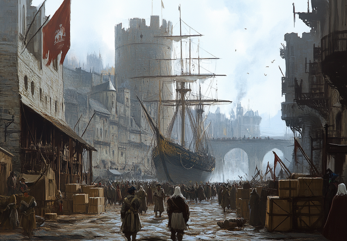 Two pirates walking past dock workers in medieval Spain.