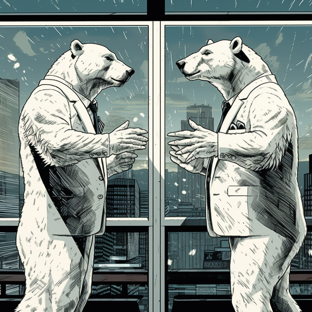 Two polar bears in suits point dramatically