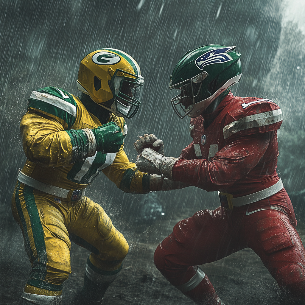 Two power rangers battle in rainstorm, themed suits.