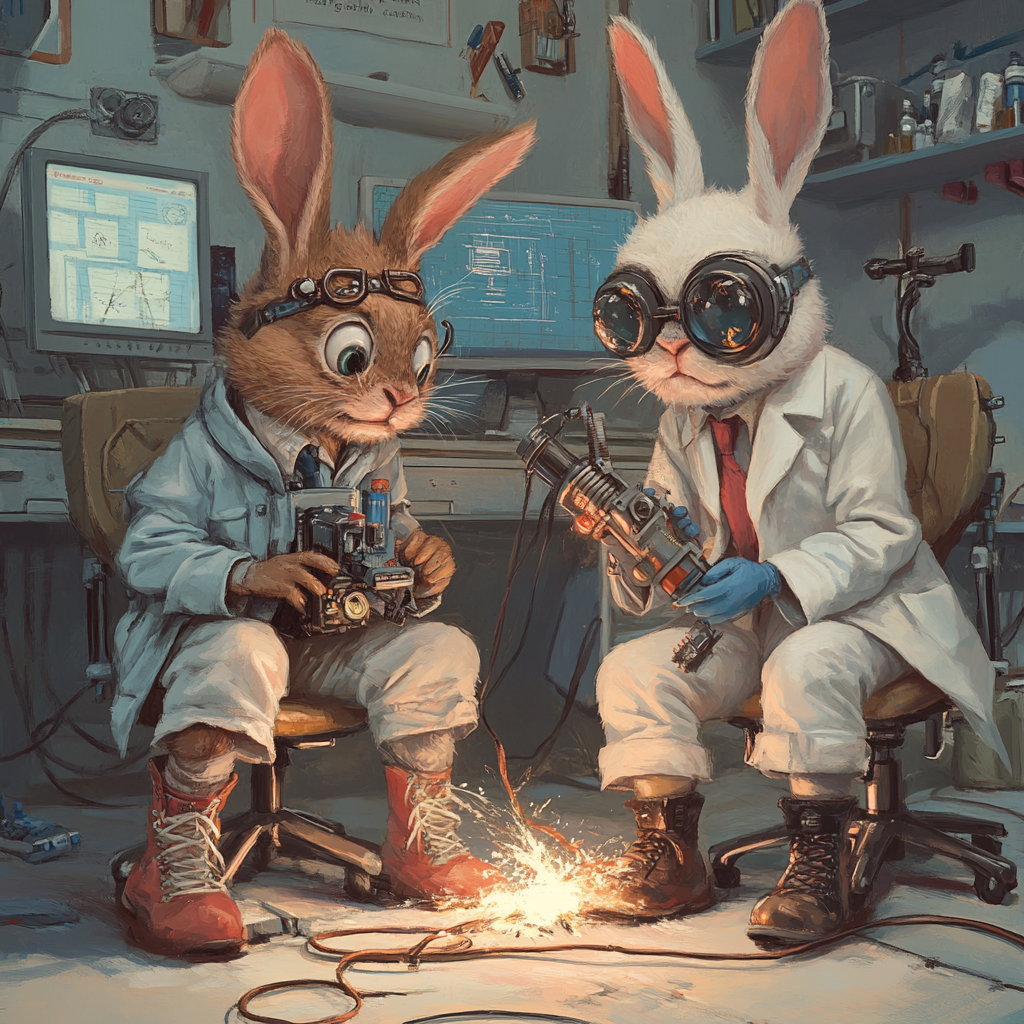 Two rabbits fixing wire near scared boy in lab.