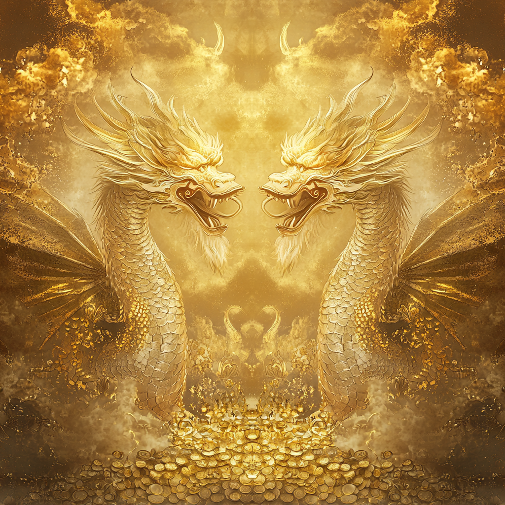 Two roaring golden dragons on shimmering gold with clouds