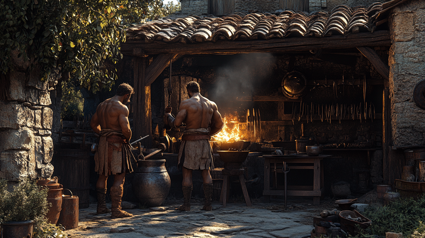 Two soldiers watch blacksmith repair armor by glowing forge