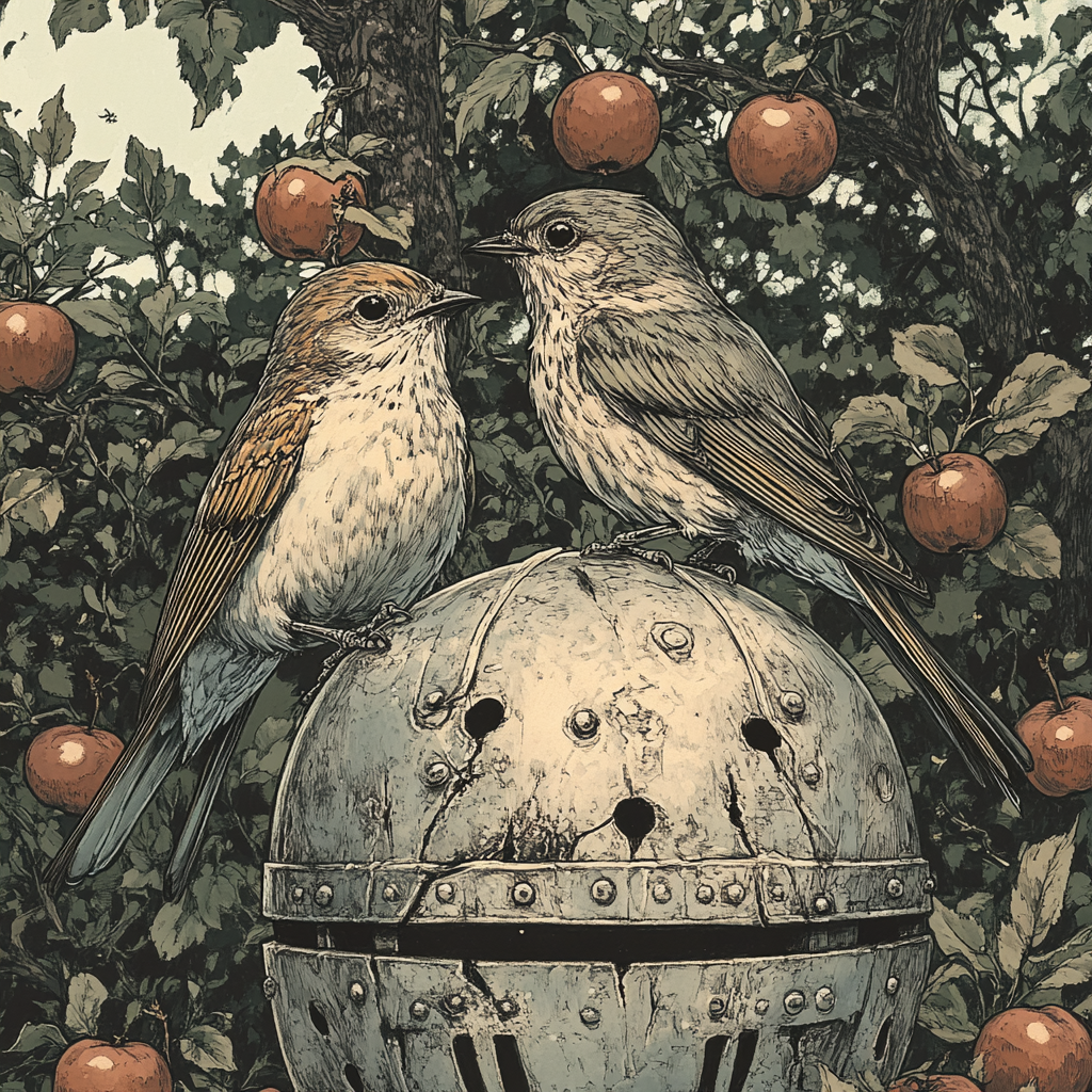 Two songbirds perched on knight's helmet under apple tree