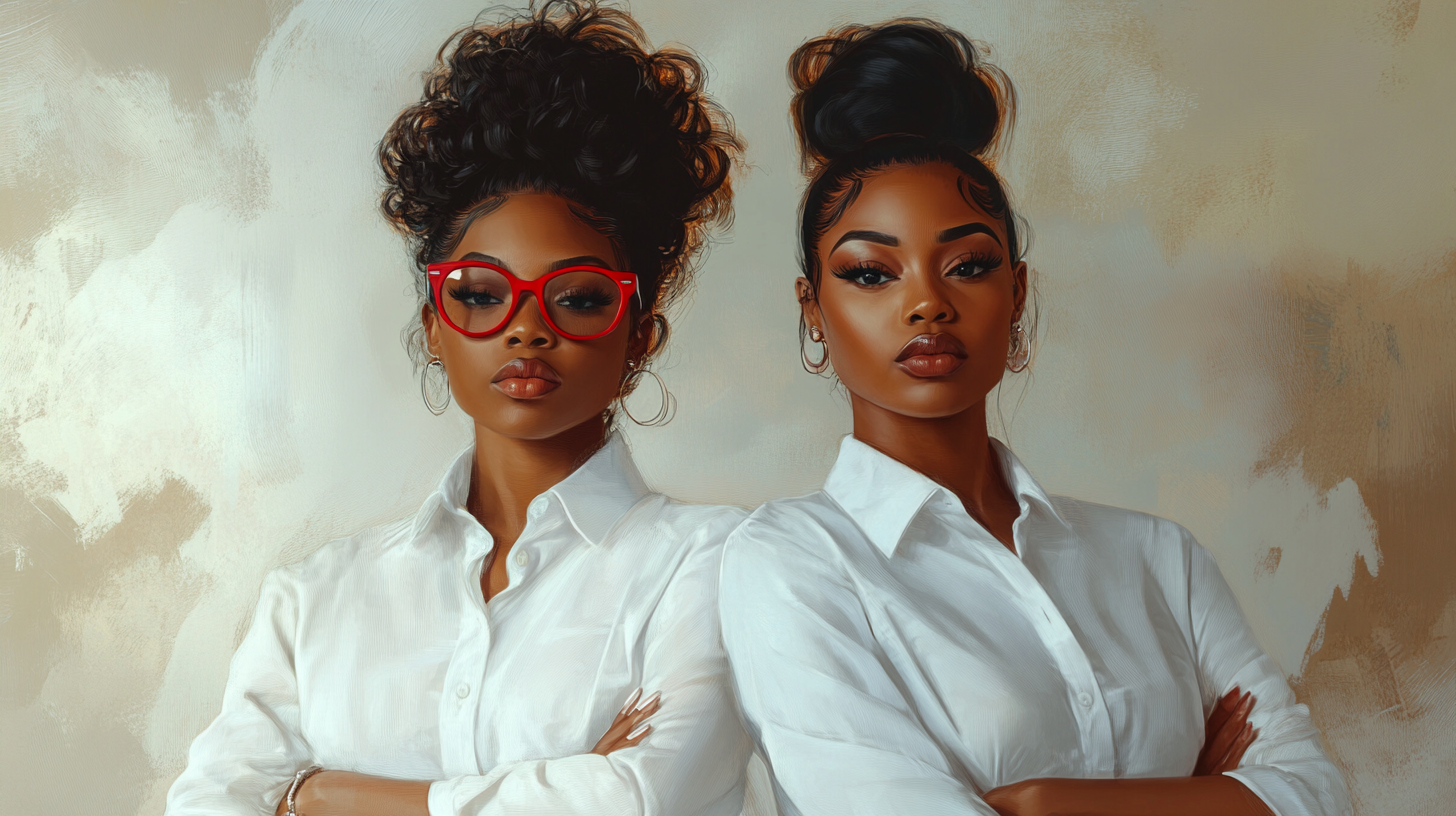 Two stylish African American women wearing white shirts.