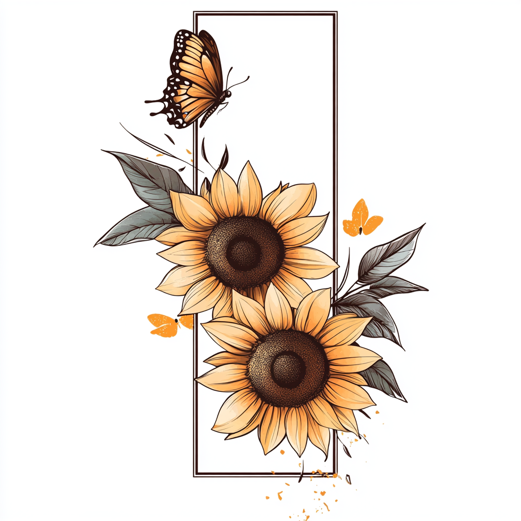 Two sunflowers and a butterfly tattoo design.