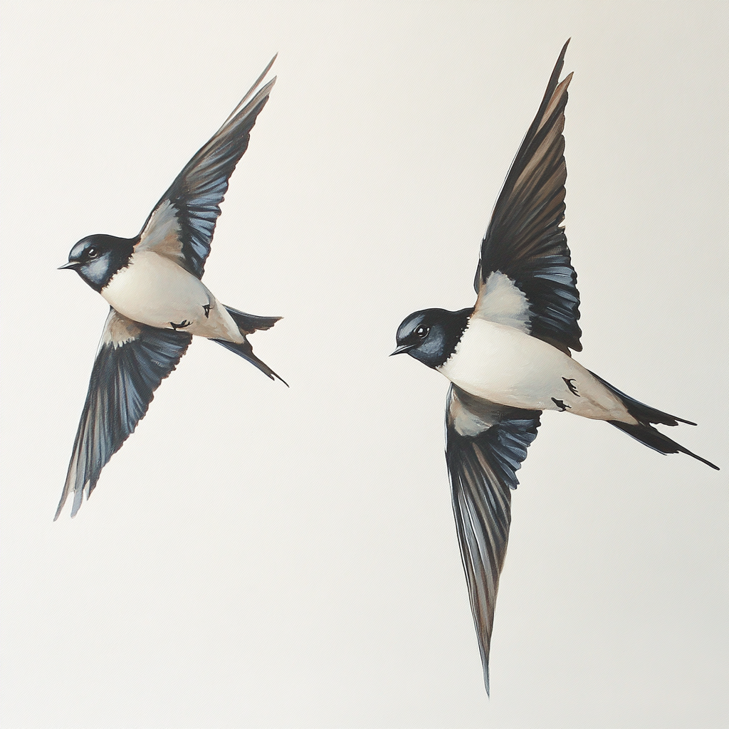 Two swallow birds flying, interacting in dramatic fight.