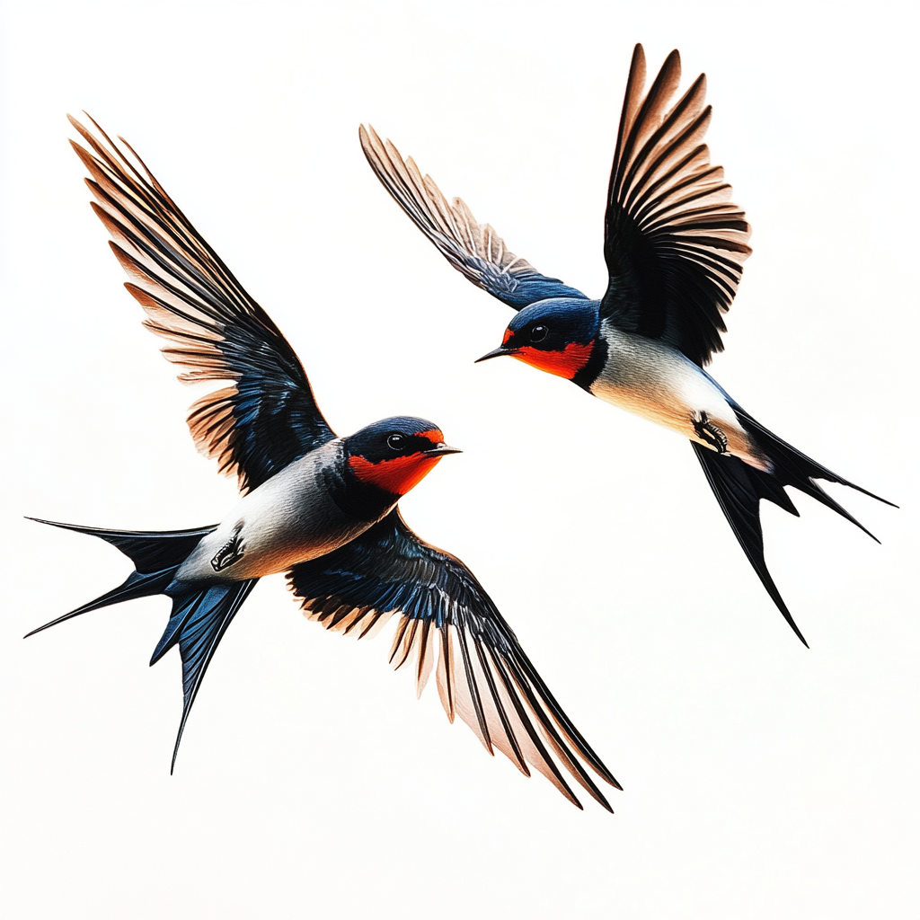 Two swallow birds flying, representing light and darkness.