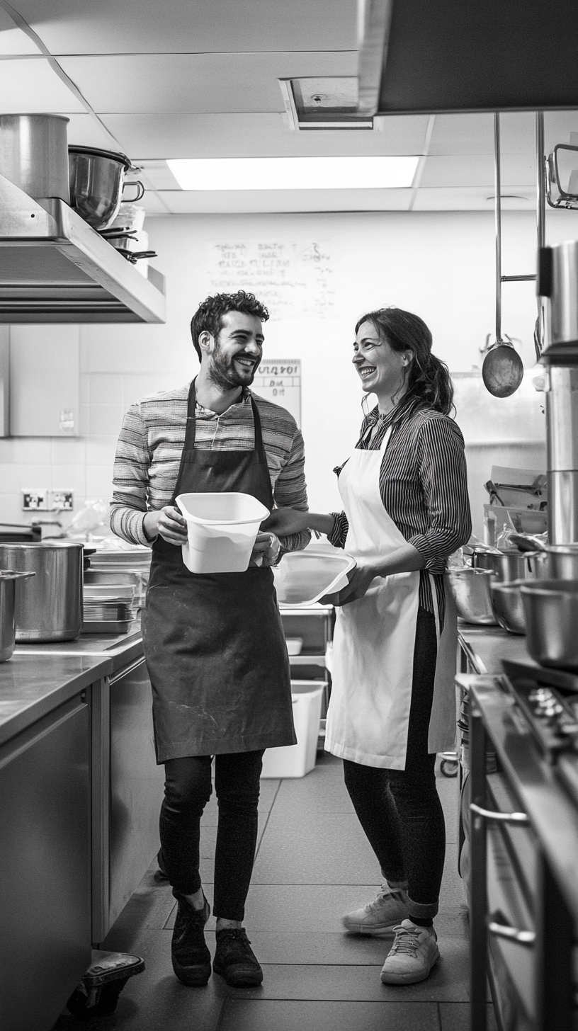 Two teachers happily leaving kitchen with takeout food.