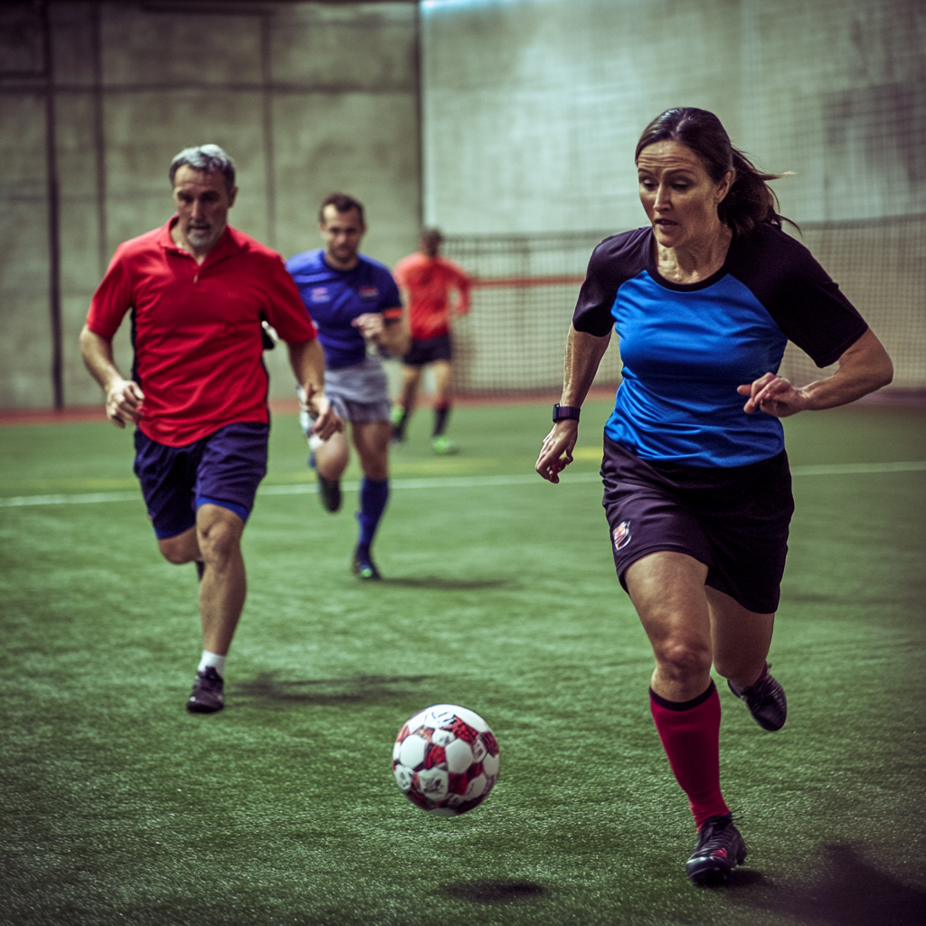 Two teams playing indoor soccer on synthetic grass.