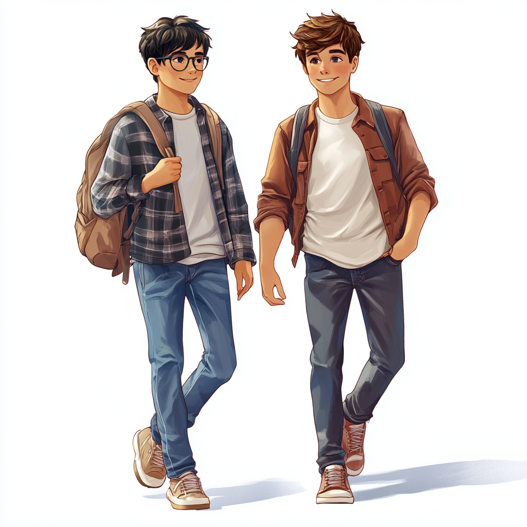 Two teenage boys, Asian and European, walking together happily.