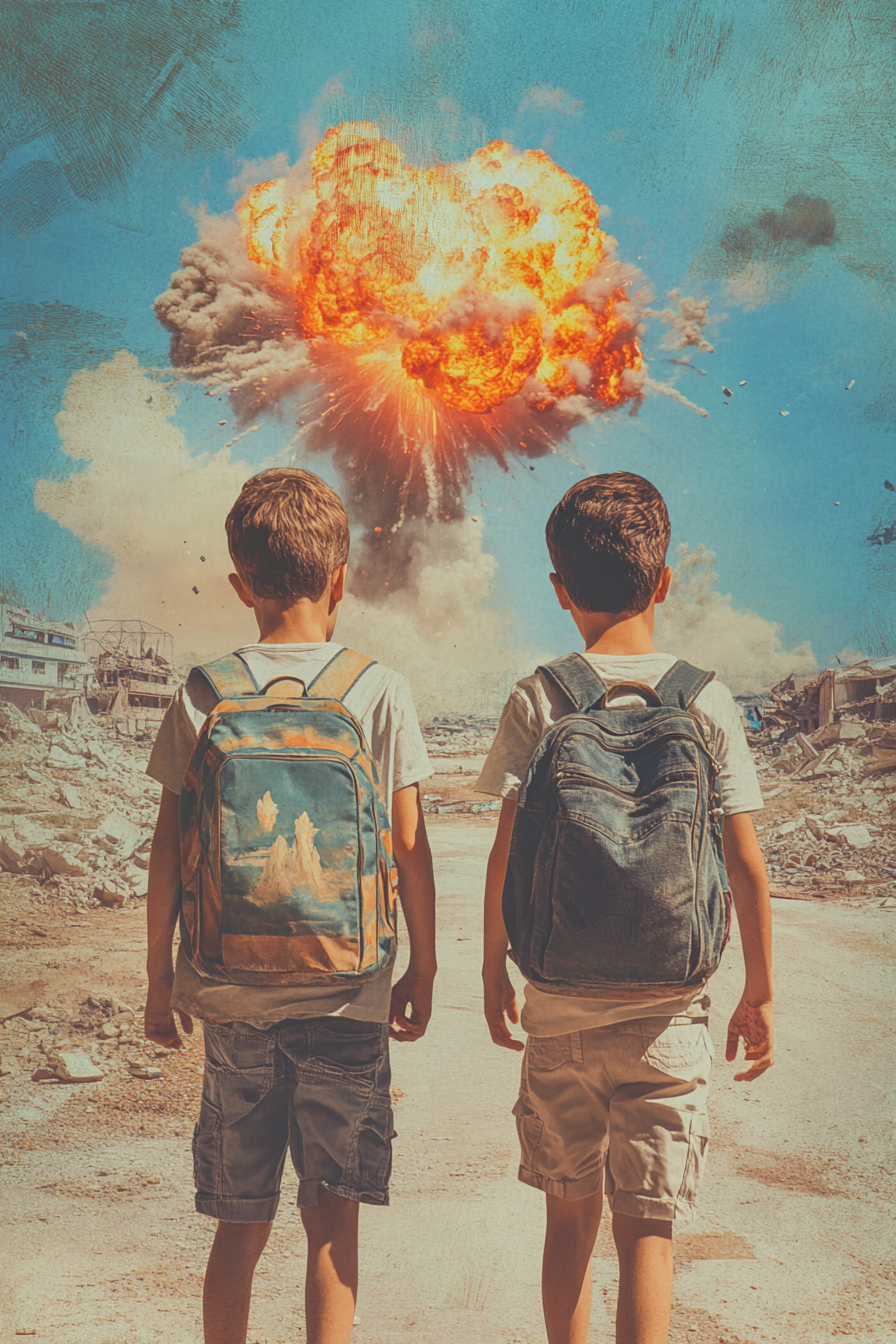 Two teenage boys with backpack in post-apocalyptic scene